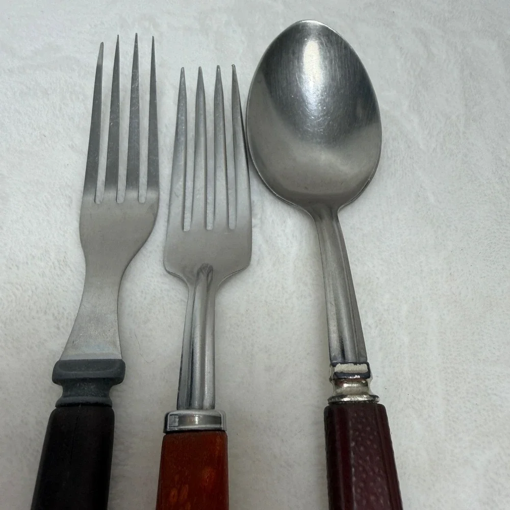VTG Bakelite‎ Flatware Set 3pc Tapered Brown Orange Handles Forks Spoon *AS IS*